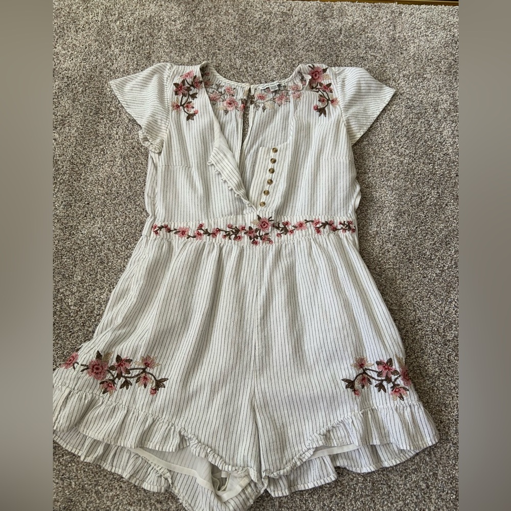 American eagle ruffle sleeve floral embroidered striped button up romper